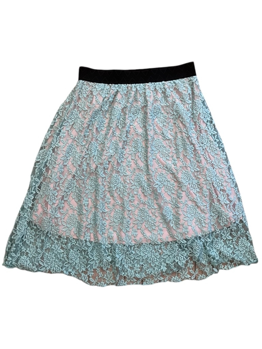 LuLaRoe Lola Lace Midi Skirt Teal Blush Lining Size L Elastic Waist Feminine